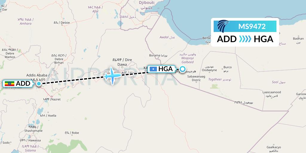 MS9472 EgyptAir Flight Map: Addis Ababa to Hargeisa