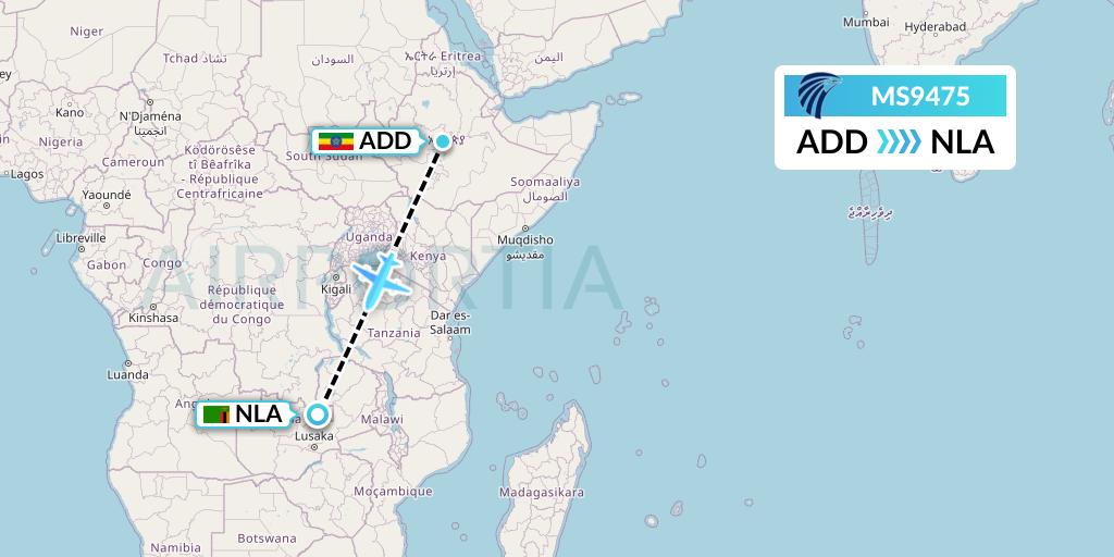 MS9475 EgyptAir Flight Map: Addis Ababa to Ndola