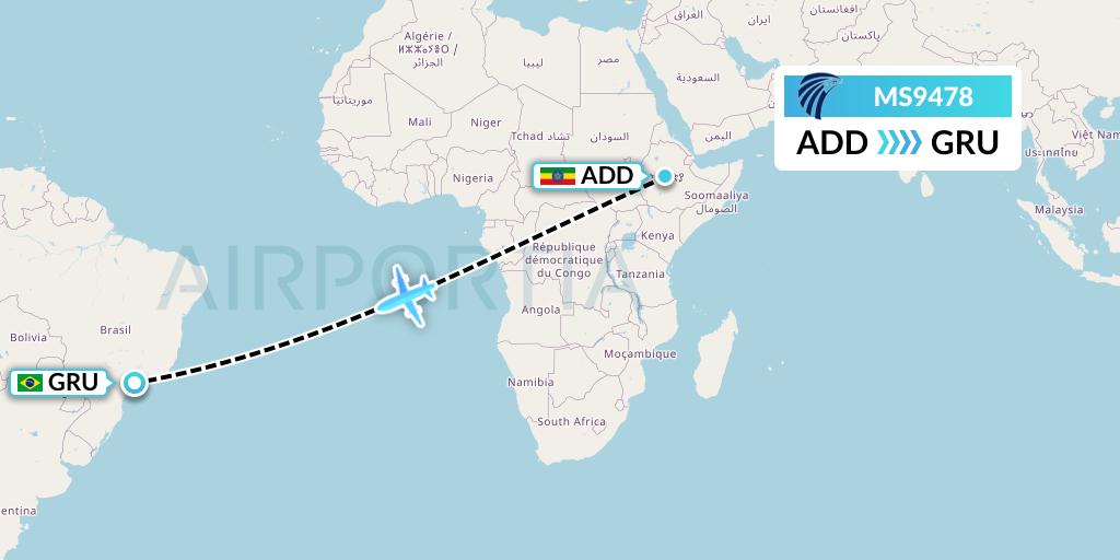 MS9478 EgyptAir Flight Map: Addis Ababa to Sao Paulo