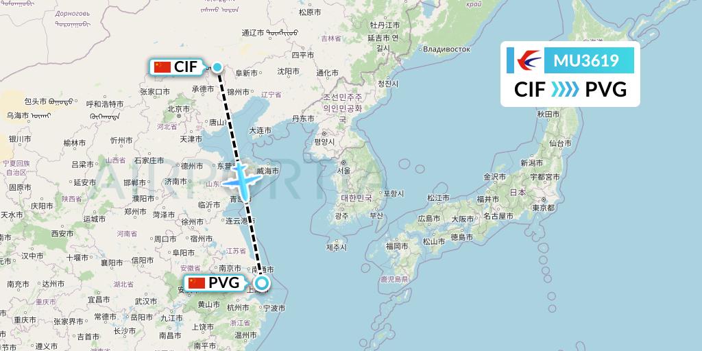 MU3619 China Eastern Airlines Flight Map: Chifeng to Shanghai