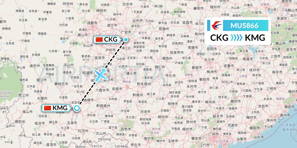 MU5866 China Eastern Airlines Flight Map: Chongqing to Kunming