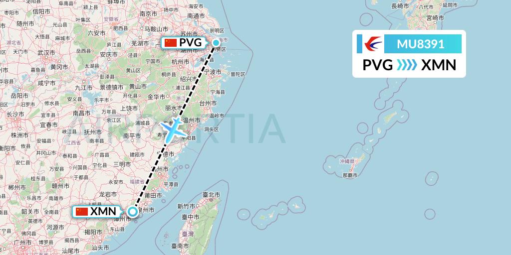 MU8391 China Eastern Airlines Flight Map: Shanghai to Xiamen