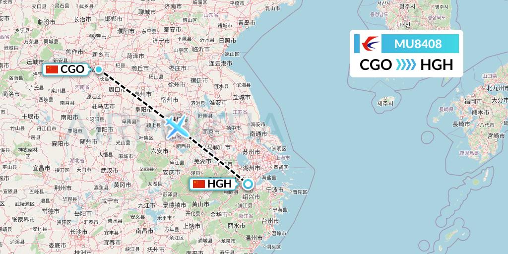 MU8408 China Eastern Airlines Flight Map: Zhengzhou to Hangzhou