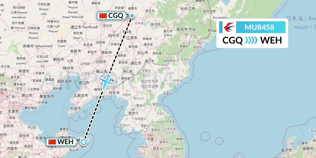 MU8458 China Eastern Airlines Flight Map: Changchun to Weihai