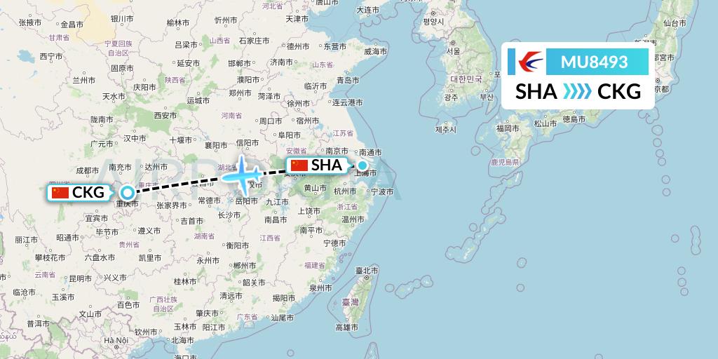 MU8493 China Eastern Airlines Flight Map: Shanghai to Chongqing