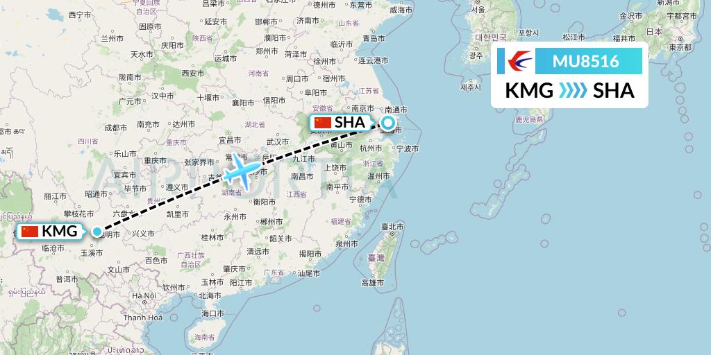 MU8516 China Eastern Airlines Flight Map: Kunming to Shanghai