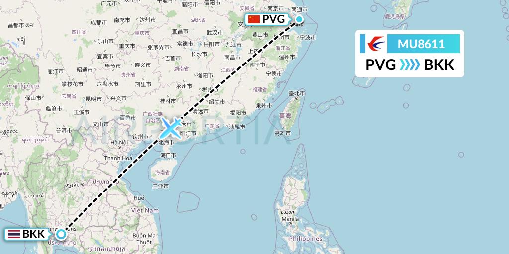 MU8611 China Eastern Airlines Flight Map: Shanghai to Bangkok