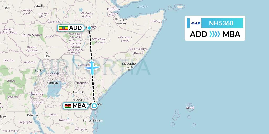 NH5360 All Nippon Airways Flight Map: Addis Ababa to Mombasa