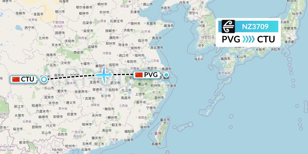 NZ3709 Air New Zealand Flight Map: Shanghai to Chengdu