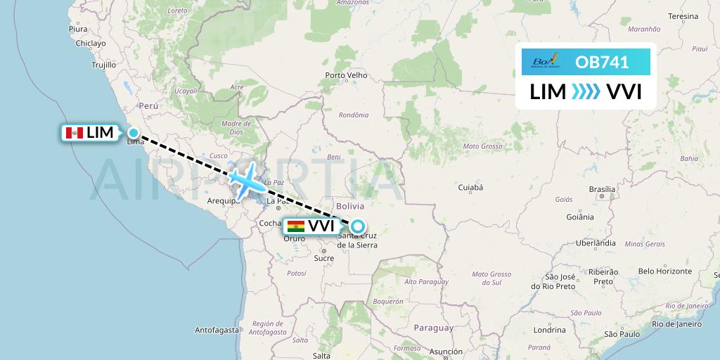 OB741 Boliviana de Aviacion Flight Map: Lima to Santa Cruz