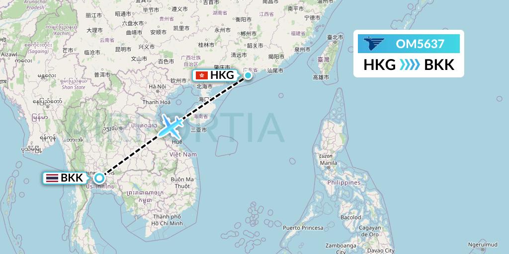 OM5637 MIAT Mongolian Airlines Flight Map: Hong Kong to Bangkok