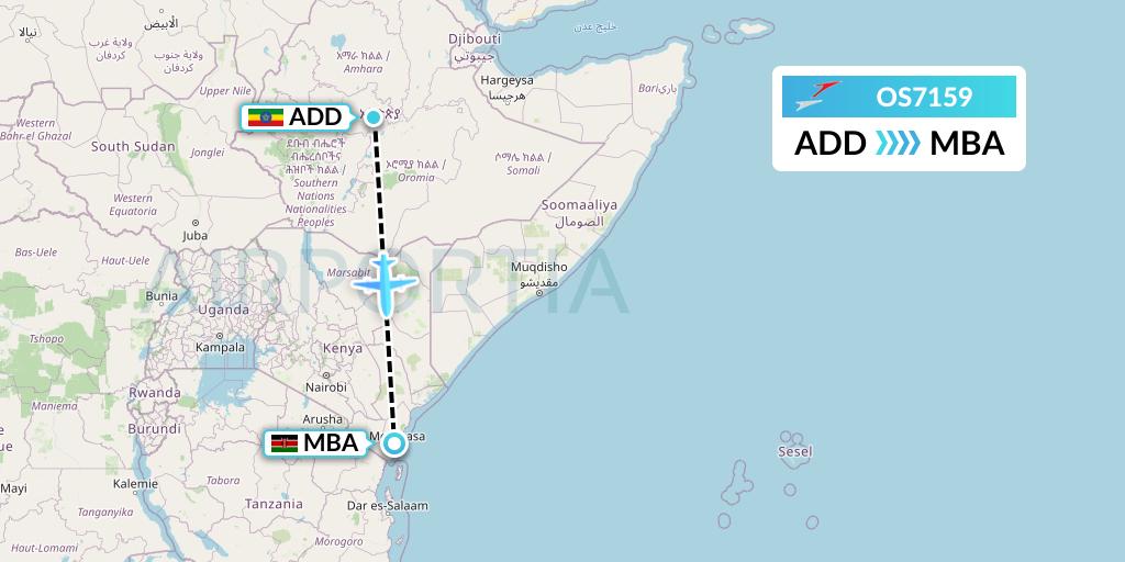 OS7159 Austrian Airlines Flight Map: Addis Ababa to Mombasa