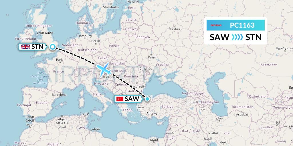 PC1163 Pegasus Airlines Flight Map: Istanbul to London