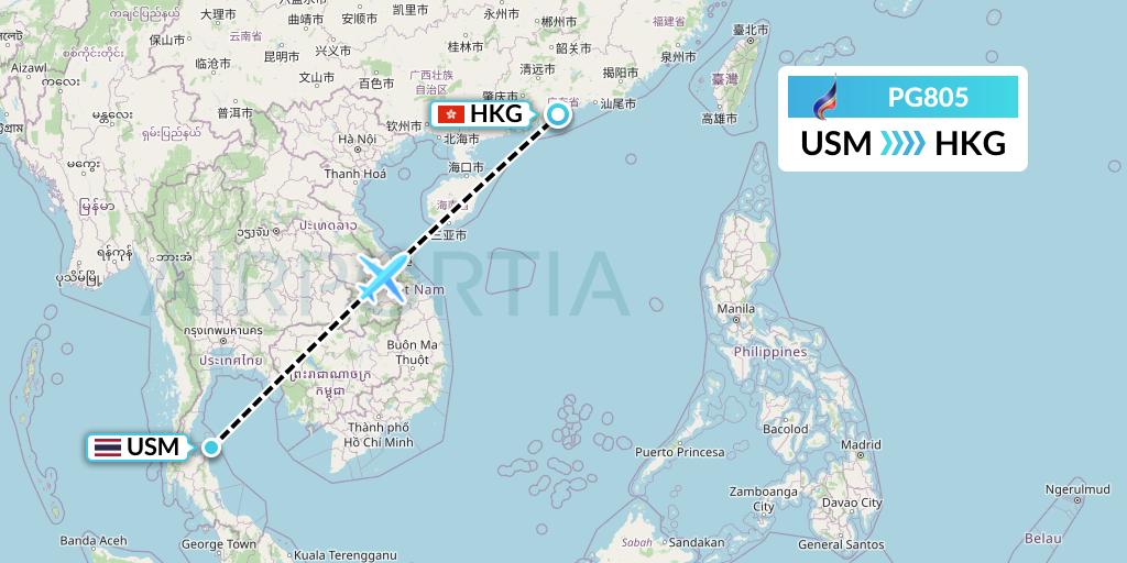 PG805 Bangkok Airways Flight Map: Koh Samui to Hong Kong