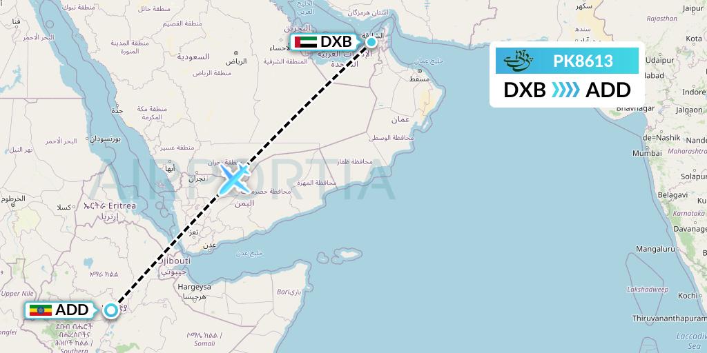 PK8613 Pakistan International Airlines Flight Map: Dubai to Addis Ababa