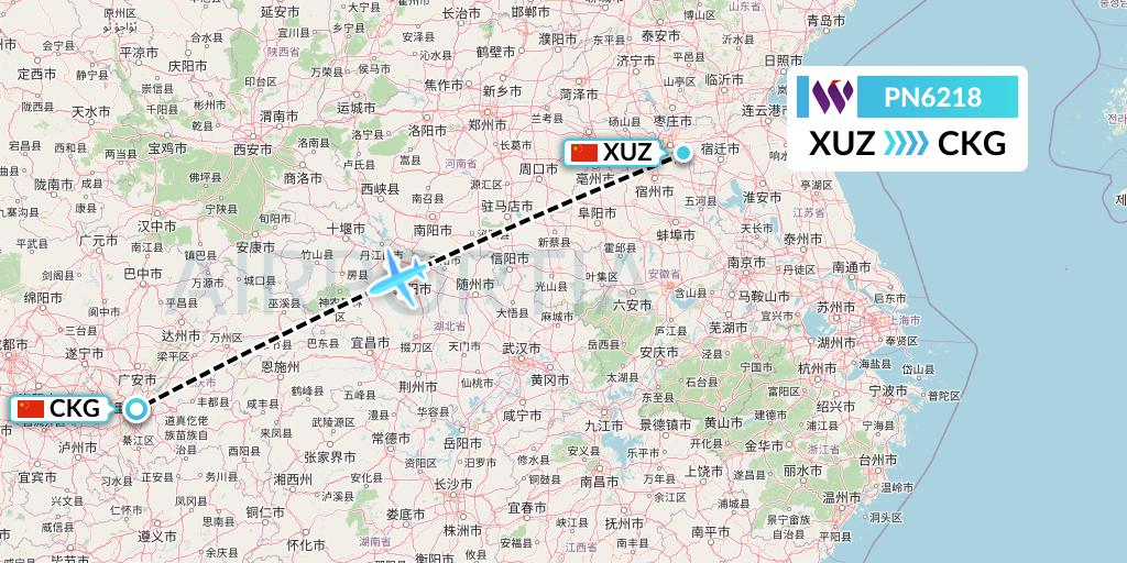 PN6218 China West Air Flight Map: Xuzhou to Chongqing