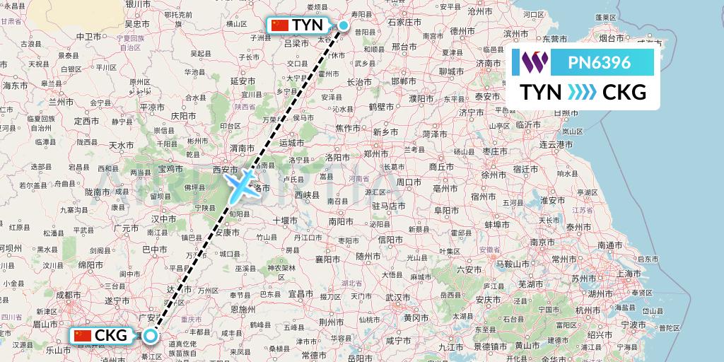 PN6396 China West Air Flight Map: Taiyuan to Chongqing