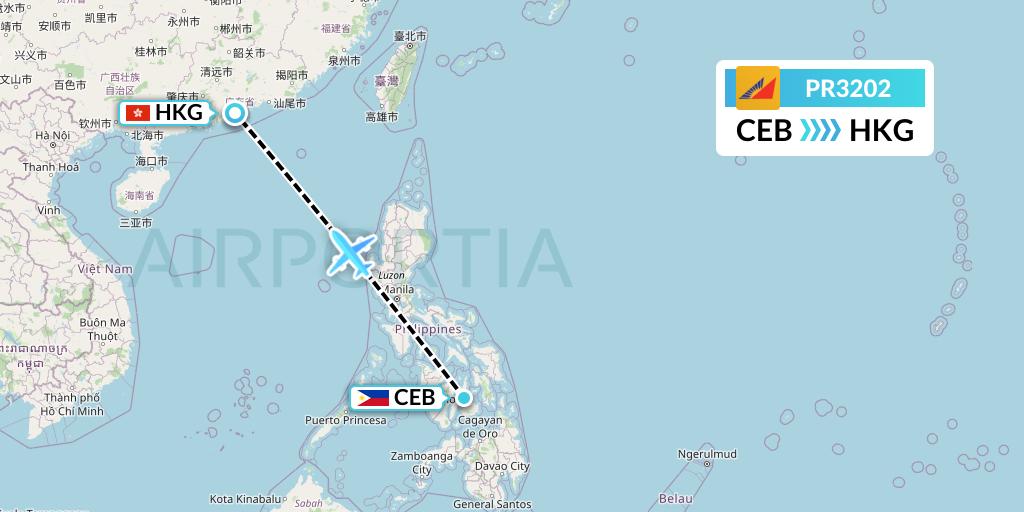 PR3202 Philippine Airlines Flight Map: Cebu to Hong Kong