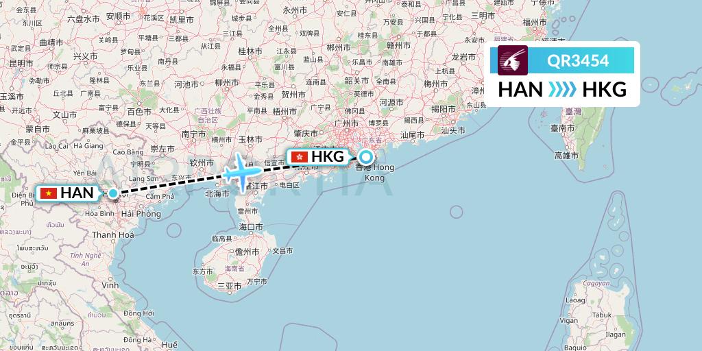 QR3454 Qatar Airways Flight Map: Hanoi to Hong Kong