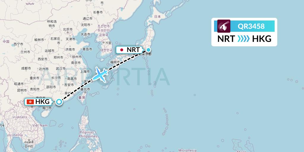 QR3458 Qatar Airways Flight Map: Tokyo to Hong Kong