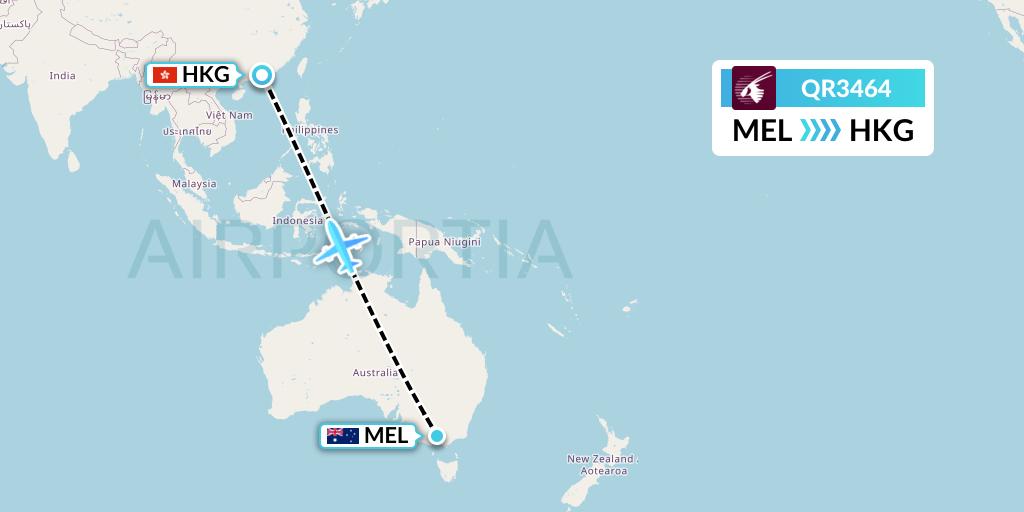 QR3464 Qatar Airways Flight Map: Melbourne to Hong Kong