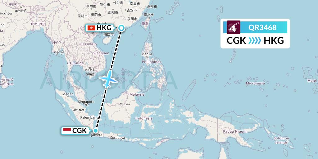 QR3468 Qatar Airways Flight Map: Jakarta to Hong Kong