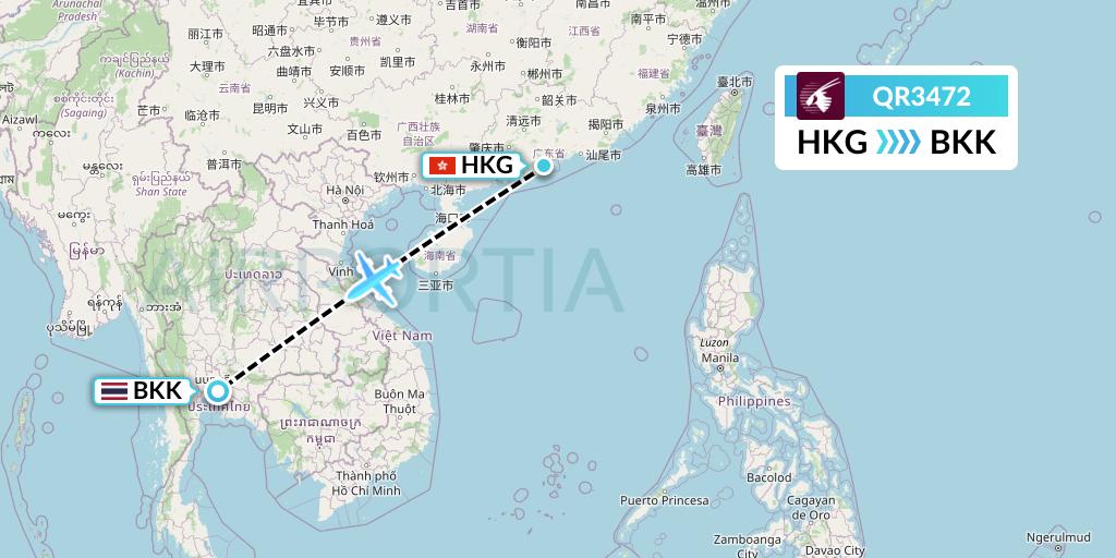 QR3472 Qatar Airways Flight Map: Hong Kong to Bangkok