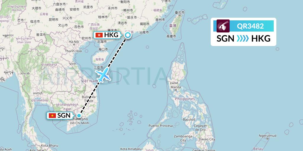 QR3482 Qatar Airways Flight Map: Ho Chi Minh City to Hong Kong