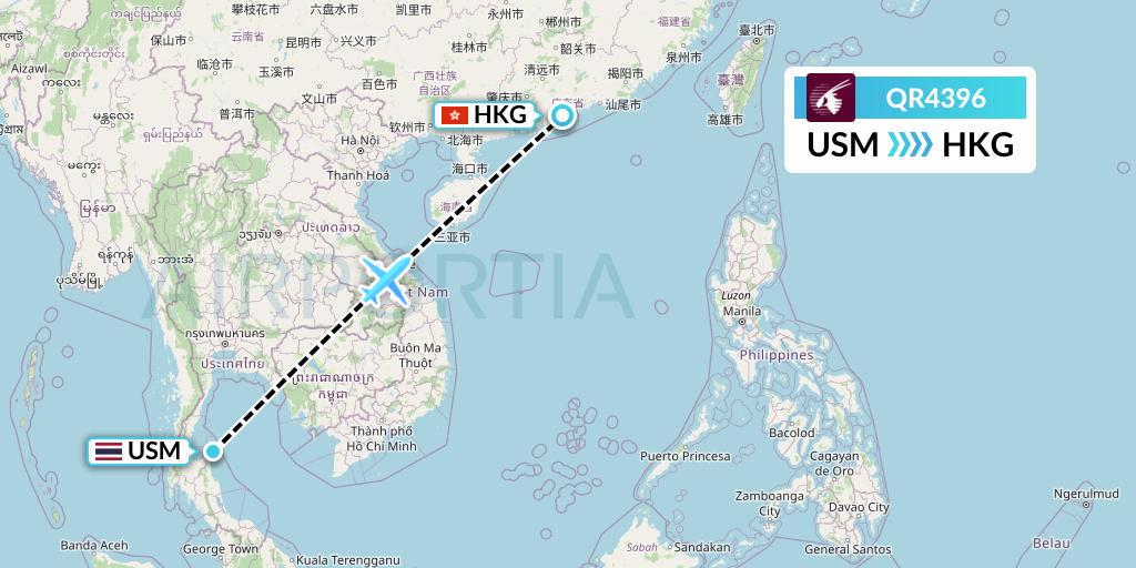 QR4396 Qatar Airways Flight Map: Koh Samui to Hong Kong
