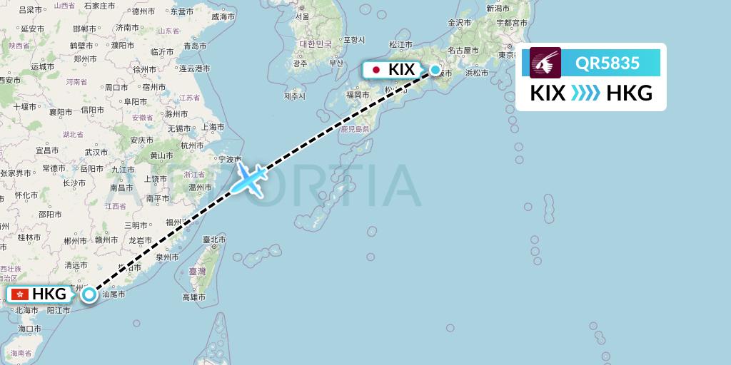 QR5835 Qatar Airways Flight Map: Osaka to Hong Kong