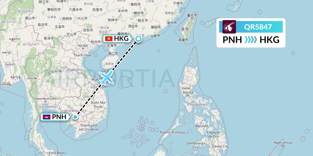QR5847 Qatar Airways Flight Map: Phnom Penh to Hong Kong