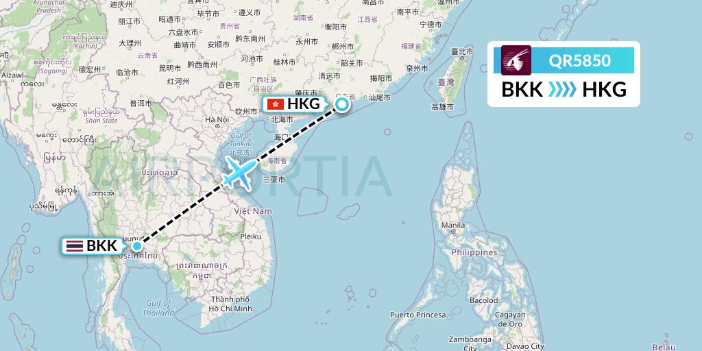 QR5850 Qatar Airways Flight Map: Bangkok to Hong Kong