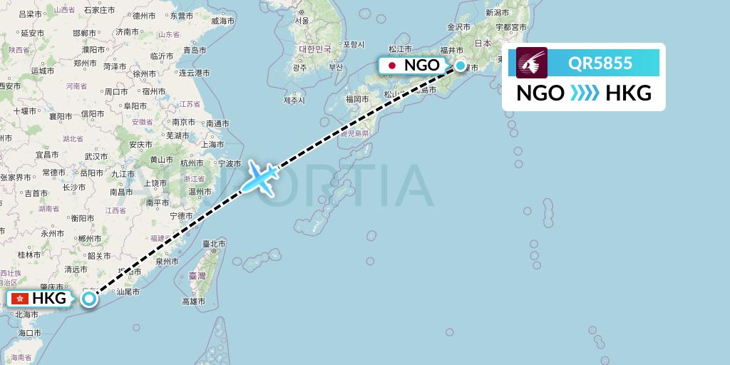 QR5855 Qatar Airways Flight Map: Nagoya to Hong Kong