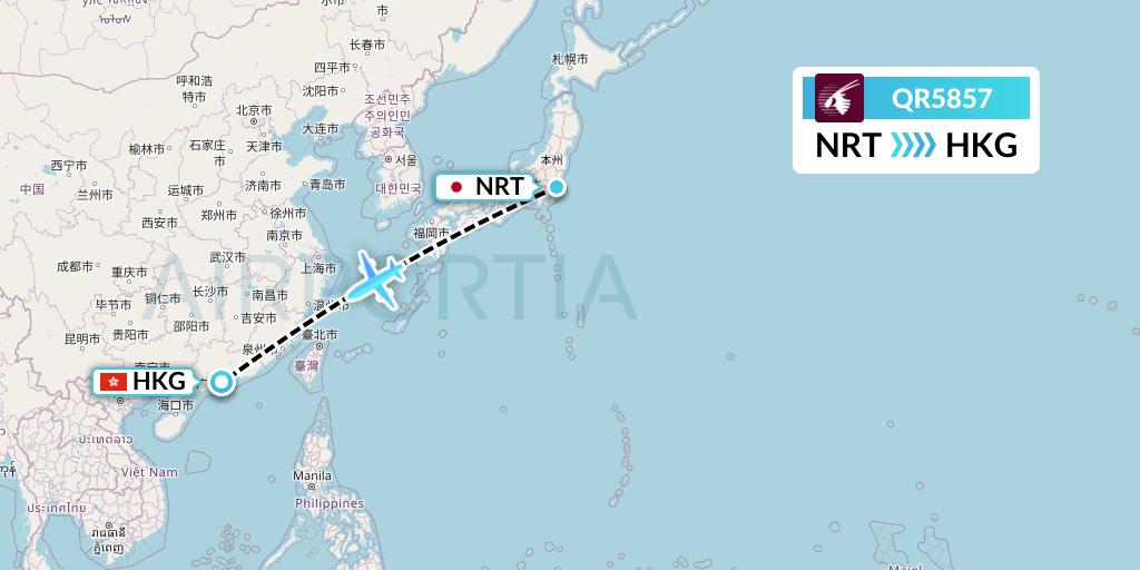 QR5857 Qatar Airways Flight Map: Tokyo to Hong Kong