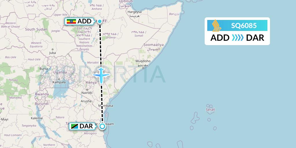 SQ6085 Singapore Airlines Flight Map: Addis Ababa to Dar-es-Salaam