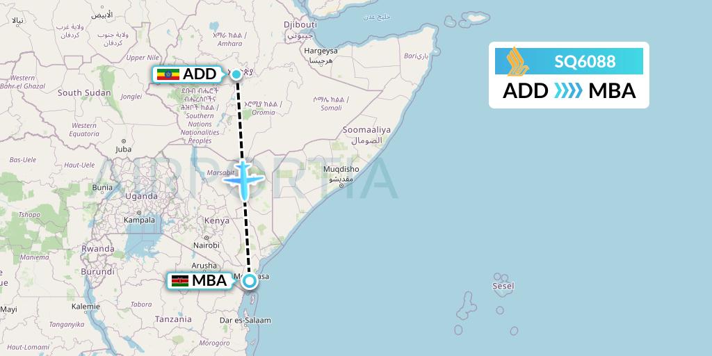 SQ6088 Singapore Airlines Flight Map: Addis Ababa to Mombasa