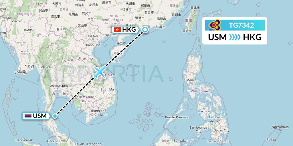 TG7342 Thai Airways Flight Map: Koh Samui to Hong Kong
