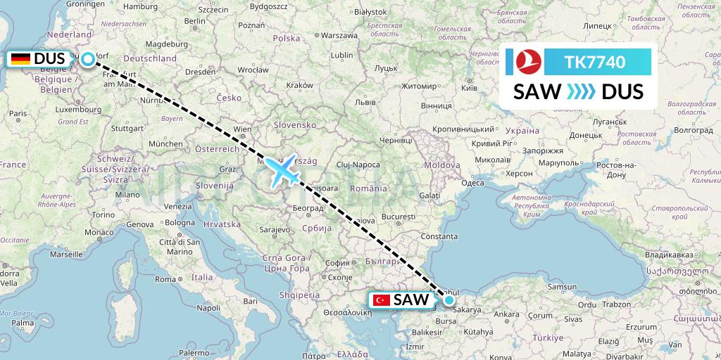TK7740 Turkish Airlines Flight Map: Istanbul to Dusseldorf
