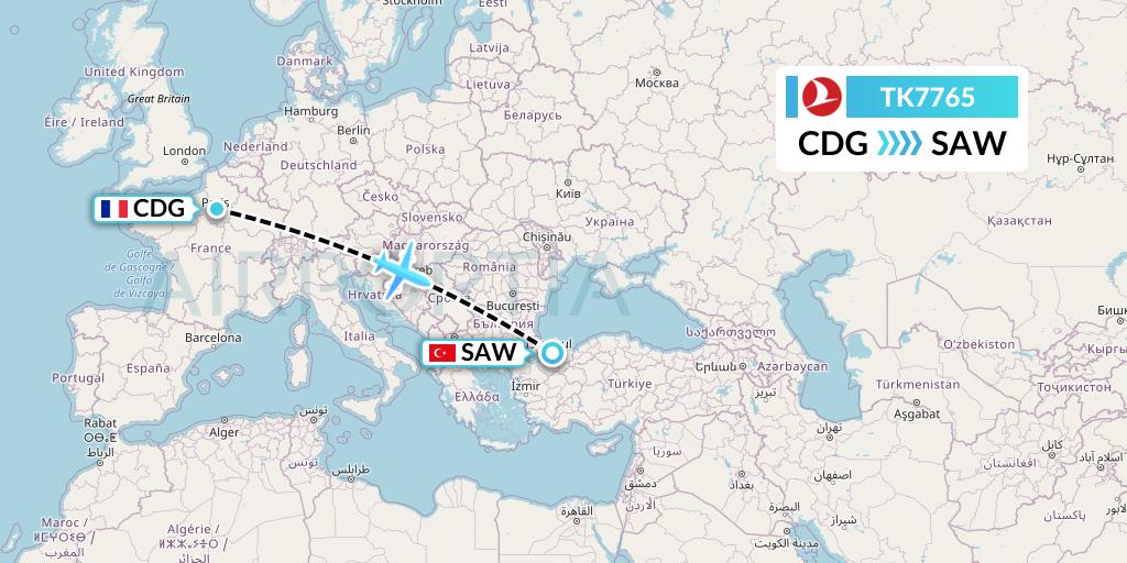 TK7765 Turkish Airlines Flight Map: Paris to Istanbul
