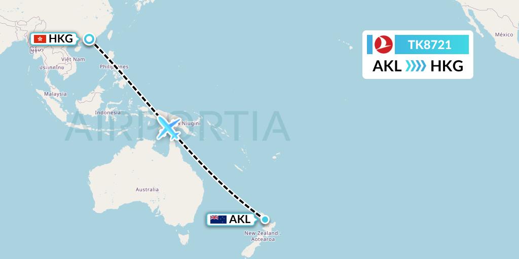 TK8721 Turkish Airlines Flight Map: Auckland to Hong Kong