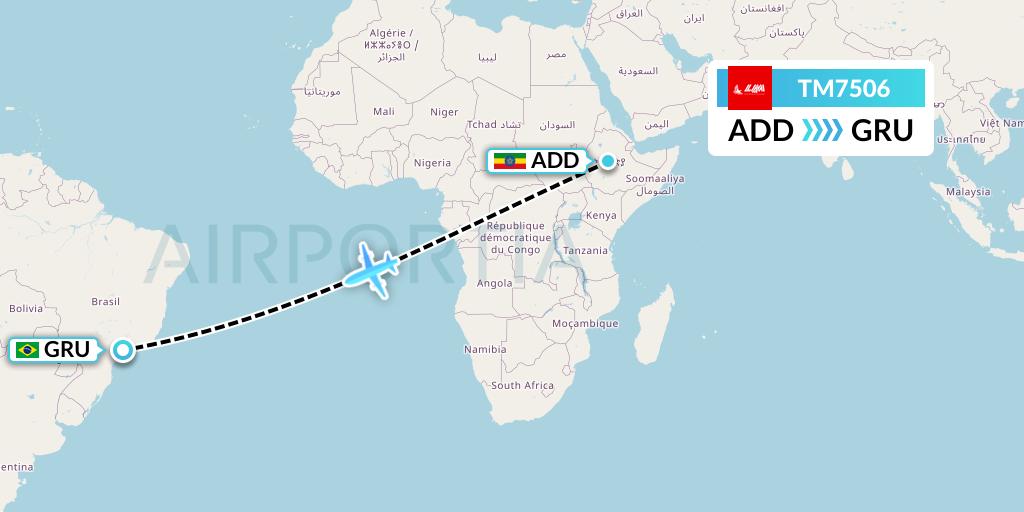 TM7506 LAM Mozambique Airlines Flight Map: Addis Ababa to Sao Paulo