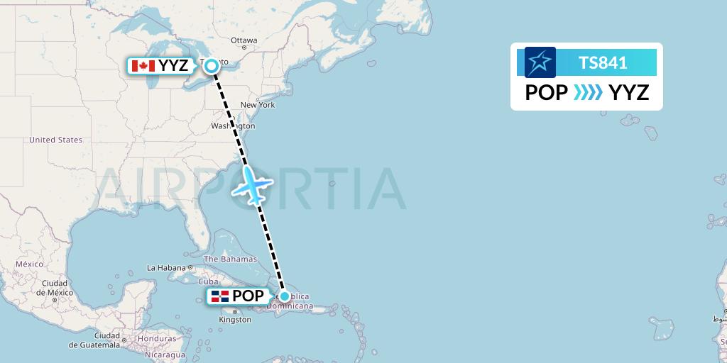TS841 Air Transat Flight Map: Puerto Plata to Toronto