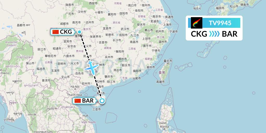 TV9945 Tibet Airlines Flight Map: Chongqing to Qionghai