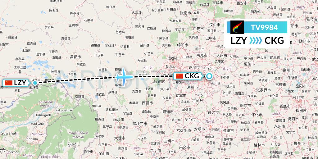 TV9984 Tibet Airlines Flight Map: Nyingchi to Chongqing