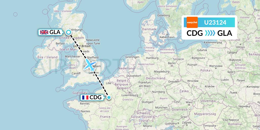 U23124 EasyJet Flight Map: Paris to Glasgow
