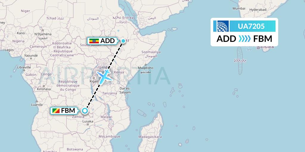 UA7205 United Airlines Flight Map: Addis Ababa to Lubumbashi