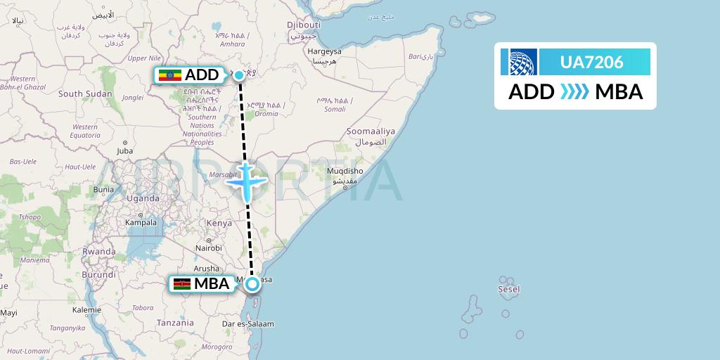 UA7206 United Airlines Flight Map: Addis Ababa to Mombasa