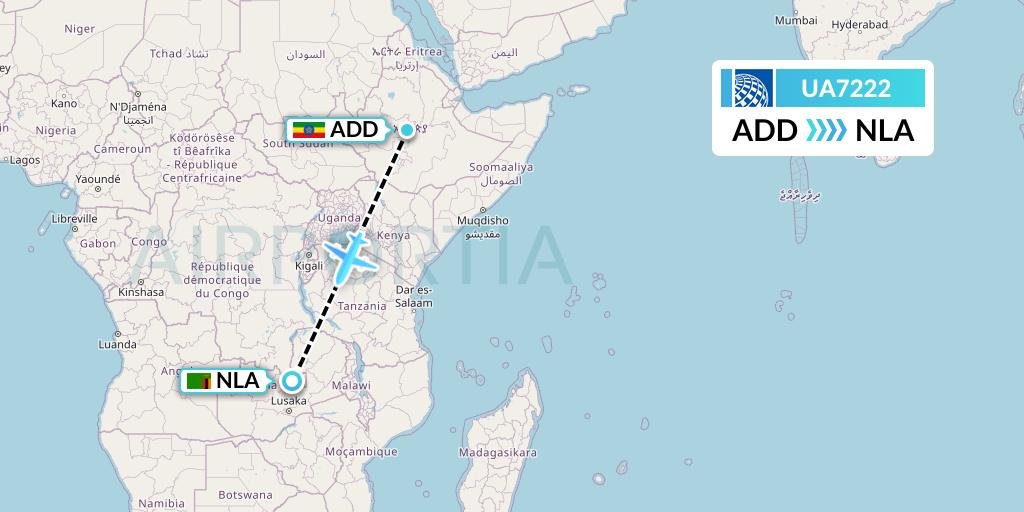 UA7222 United Airlines Flight Map: Addis Ababa to Ndola