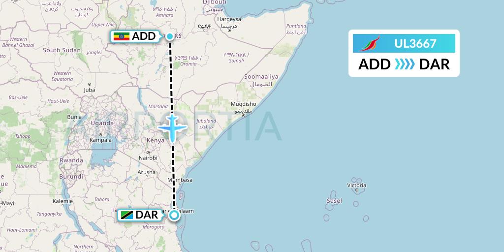 UL3667 SriLankan Airlines Flight Map: Addis Ababa to Dar-es-Salaam