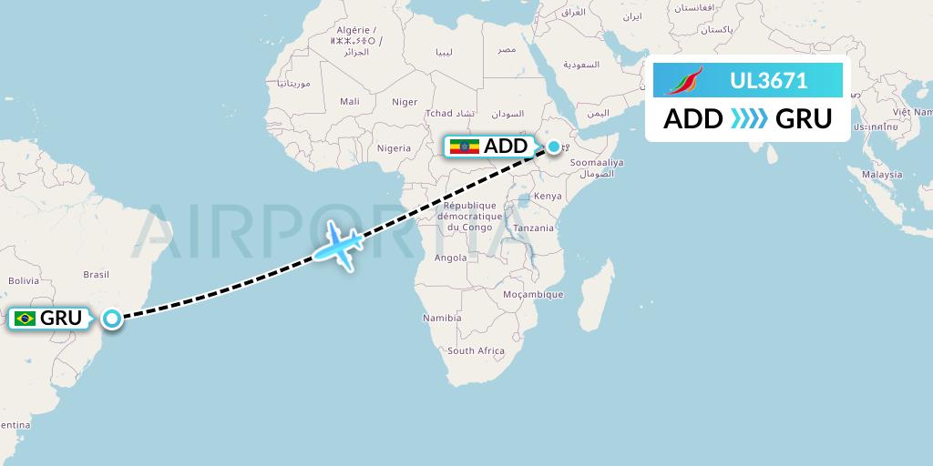 UL3671 SriLankan Airlines Flight Map: Addis Ababa to Sao Paulo